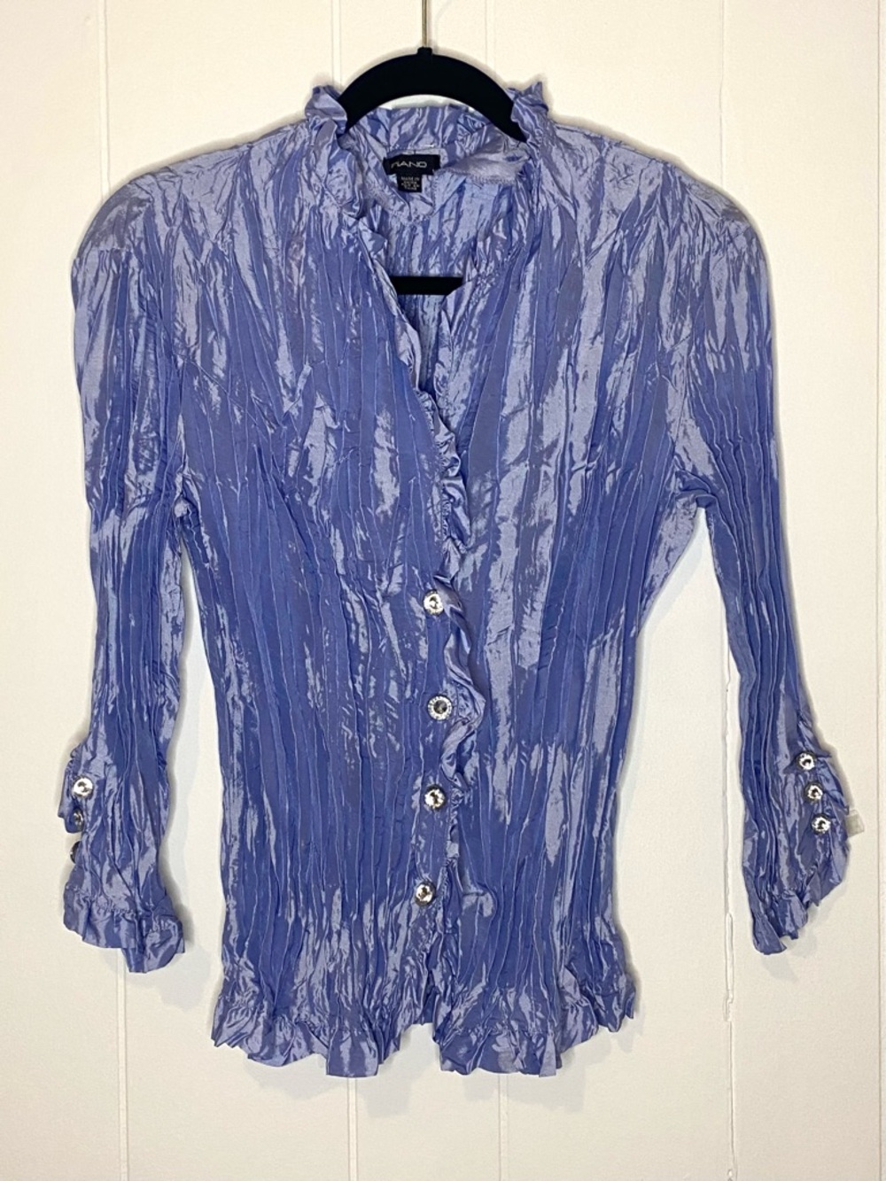 90s Piano Iridescent Lavender Crinkle Ruffle-Trim Button Blouse